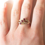 14K yellow gold “triple” ring with synthetic rubies (approx. 0.45ctw) and brilliant cut diamonds (approx. 0.22ctw), 80s