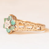 Vintage-Blumenring aus 9-karätigem Gelb- und Weißgold mit Smaragden (ca. 0.09 ctw) und Diamant (ca. 0.01 ct), 90er Jahre