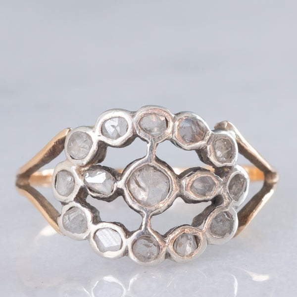 Anello antico in oro giallo 14K e argento con diamanti di taglio rosetta, primi del ‘900