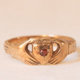 Anello Claddagh antico in oro giallo 9K con granato, anno 1934