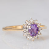 Anello a margherita in oro giallo 9K con ametista (0.35ct ca.) e diamanti (0.06ctw ca.), anno 1987