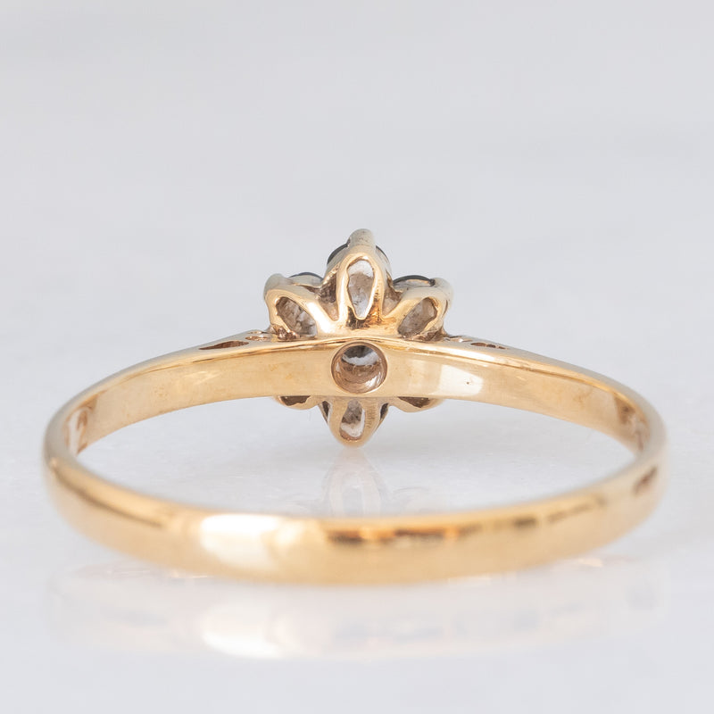 Anello a fiore vintage in oro giallo 9K con zaffiri (0.24ctw ca.) e diamante, anno 1984