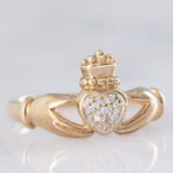 Anello Claddagh vintage in oro giallo 9K con diamanti