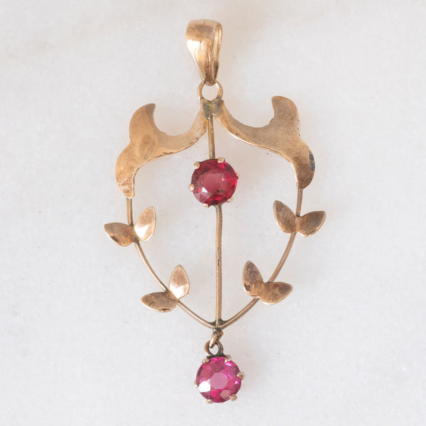 Pendente antico lavalier in oro giallo 9K con tormaline rosa, anni ‘10/‘20