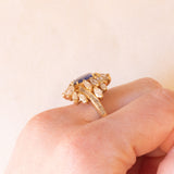 Vintage 18K yellow gold ring with sapphire (1.20ct approx.) and marquise and baguette cut diamonds (2.70ctw approx.), 70s