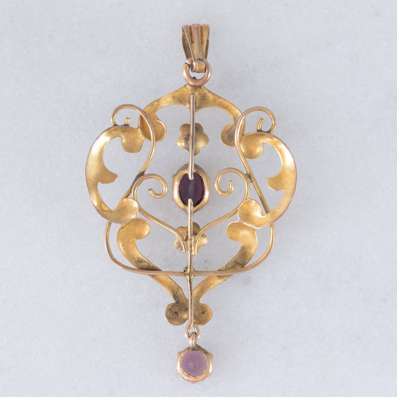 Pendente antico lavalier in oro giallo 9K con ametiste, anni ‘10/‘20