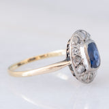 Anello a margherita antico in oro giallo 18K e argento con zaffiro e diamanti di taglio rosetta, anni ‘10/‘20