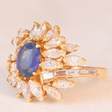 Vintage 18K yellow gold ring with sapphire (1.20ct approx.) and marquise and baguette cut diamonds (2.70ctw approx.), 70s