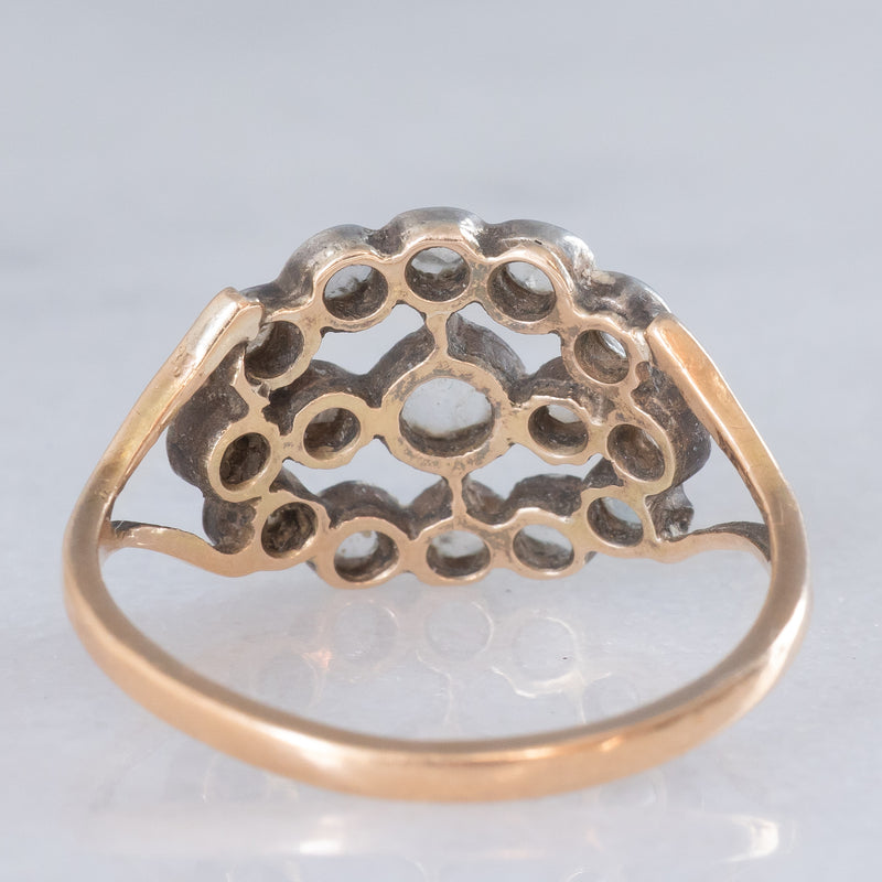 Anello antico in oro giallo 14K e argento con diamanti di taglio rosetta, primi del ‘900