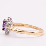 Anello a margherita vintage in oro giallo 9K con ametista (0.40ct ca.) e diamanti (0.16ctw ca.), anni ‘80/‘90
