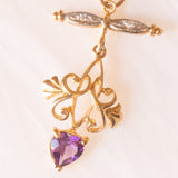 Vintage-Halskette mit Kette aus 9-karätigem Gelbgold und Anhänger aus 9-karätigem Gelbgold mit herzförmigem Amethyst und Diamanten