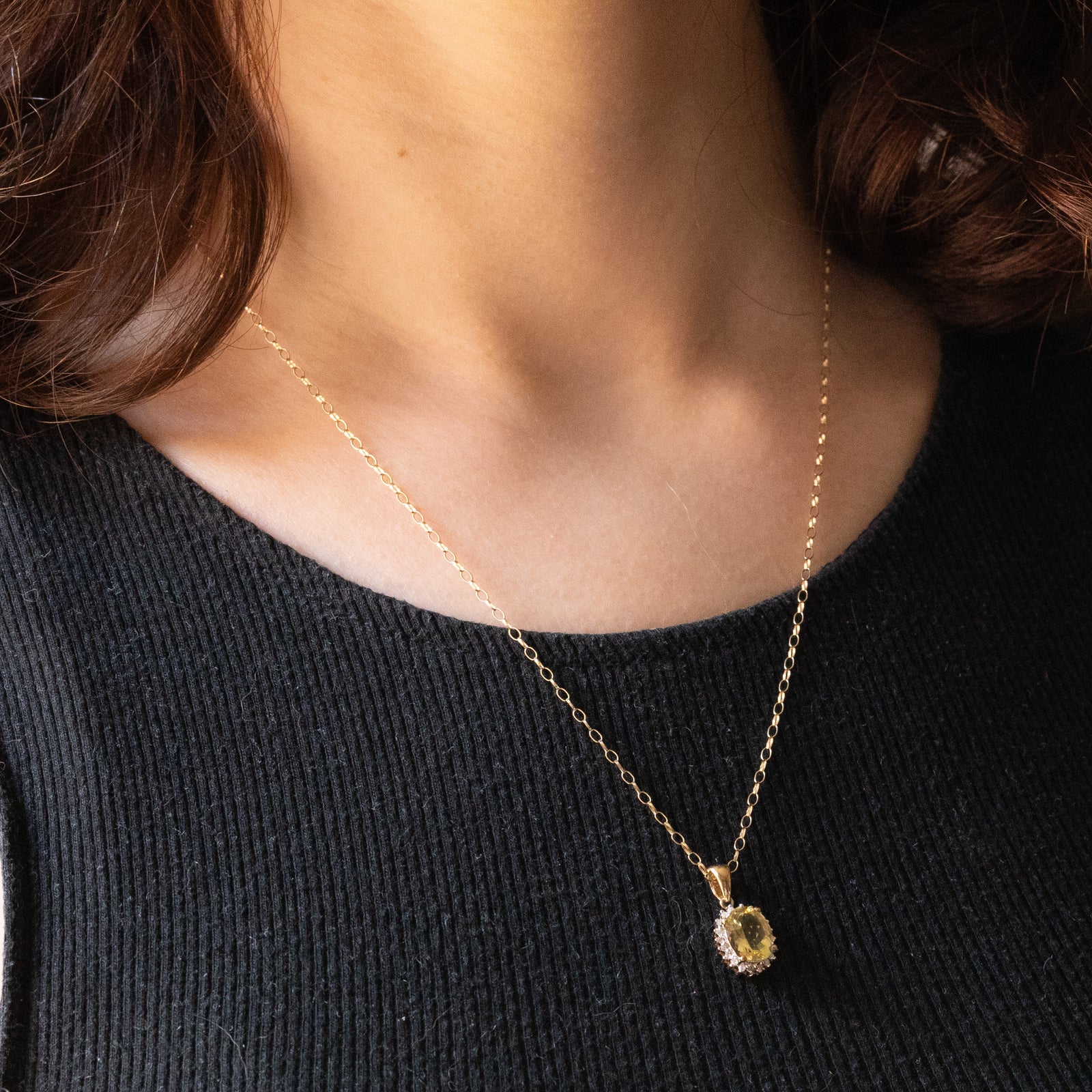 Ciondolo Ovale In Citrino Giallo Creato In Laboratorio Con Collana - Gioiello Vintage In Rame Dorato, 18 Pollici