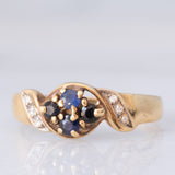 Anello a fiore vintage in oro giallo 9K con zaffiri e diamanti, anni ‘90