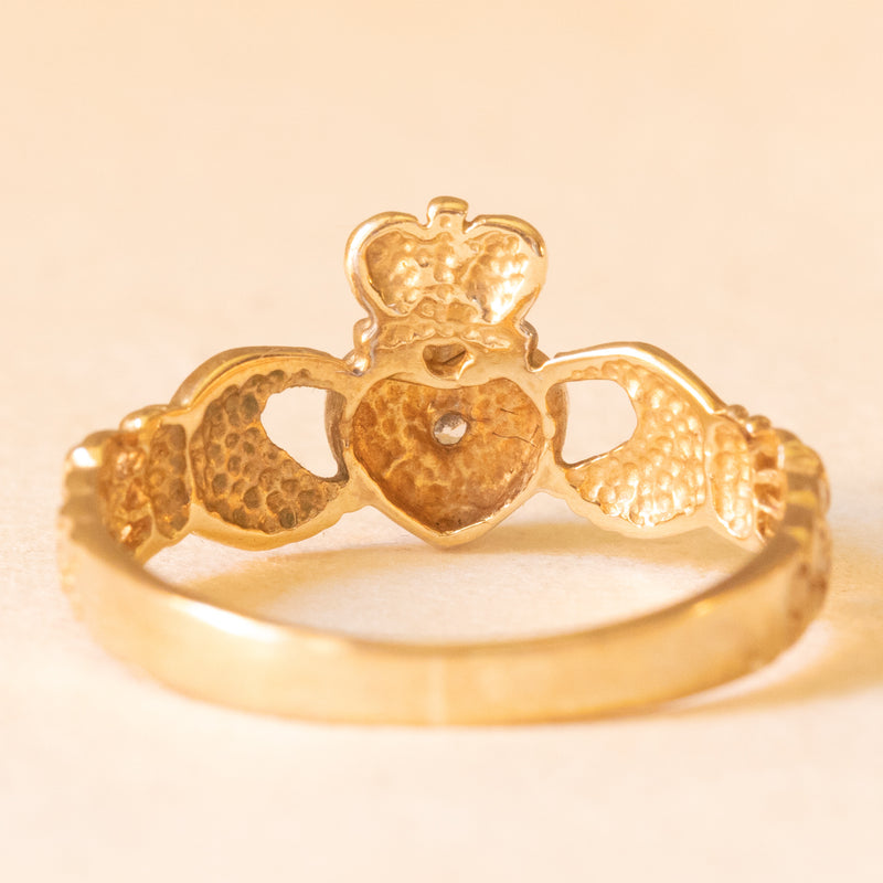 Anello Claddagh vintage in oro giallo e bianco 9K con cubic zirconia e con motivi celtici