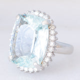 Anello a margherita vintage in platino con acquamarina (17.93ct) e diamanti (1ctw), anni ‘70/‘80