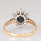 Anello a margherita vintage in oro giallo 9K con zaffiro (1ct ca.) e diamanti di taglio brillante (0.33ctw ca.), anno 1987