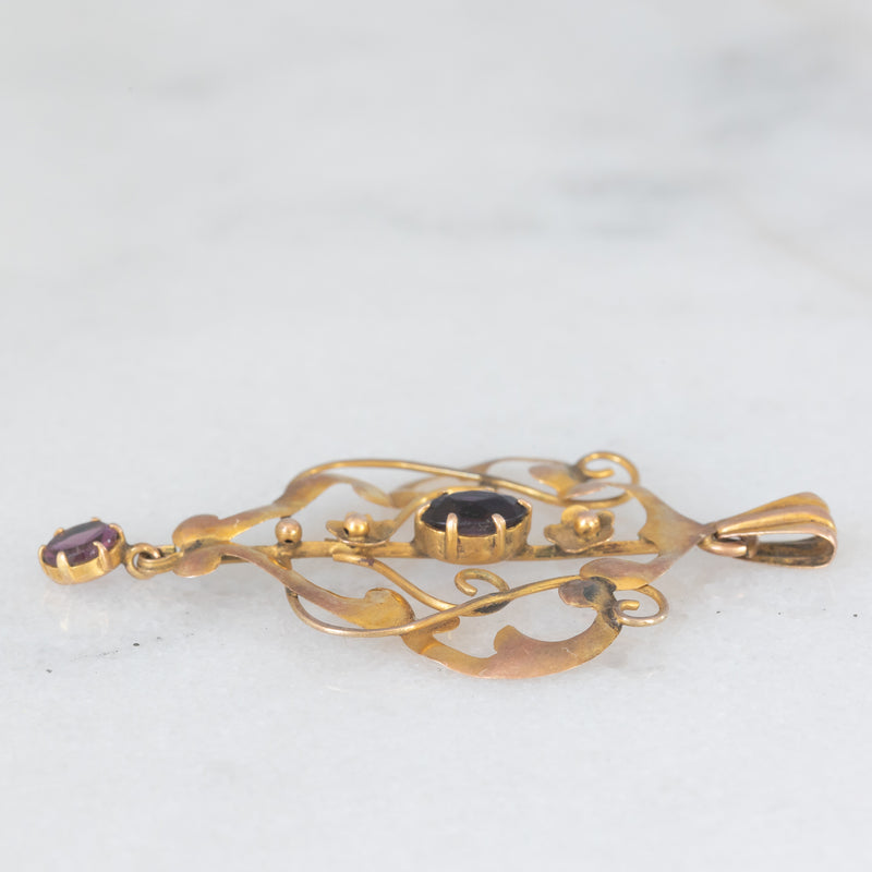Pendente antico lavalier in oro giallo 9K con ametiste, anni ‘10/‘20