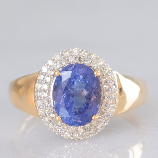 Anello a margherita vintage in oro giallo e bianco 14K con tanzanite (2.10ct ca.) e diamanti (0.30ctw ca.), anni ‘80