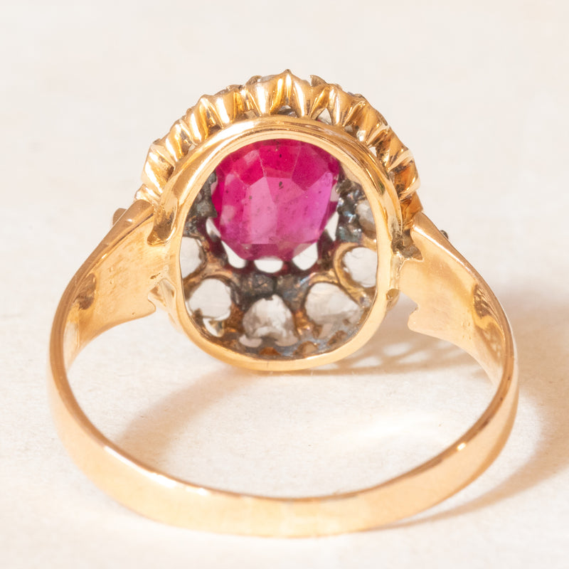 Anello a margherita antico in oro giallo 18K con rubino sintetico