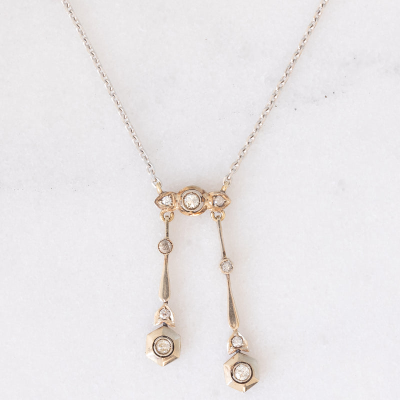Collier Art Déco négligé in oro giallo e bianco 18K e 14K con diamanti di taglio vecchia miniera (0.30ctw ca.), anni ‘30