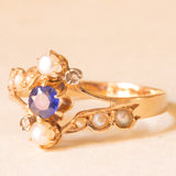Anello Art Nouveau francese in oro giallo 18K con iolite (0.20ct ca.), diamanti di taglio rosetta e perline bianche, anni ‘10/‘20
