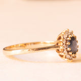 Anello a margherita vintage in oro giallo 9K con zaffiro (0.40ct ca.) e diamanti (0.12ctw ca.), anno 1984