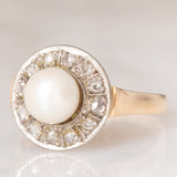 Anello a margherita antico in oro giallo 14K e argento con perla bianca e diamanti di taglio rosetta (0.24ctw ca.), anni ‘10