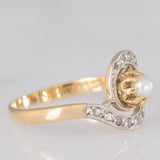 Anello tourbillion antico francese in oro giallo 18K con perla bianca e diamanti di taglio rosetta, anni ‘30