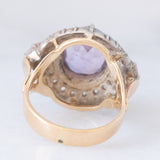 Anello a margherita vintage in stile antico in oro giallo 18K e argento con ametista (3ct ca.) e diamanti di taglio rosetta (0.70ctw ca.), anni ‘40/‘50