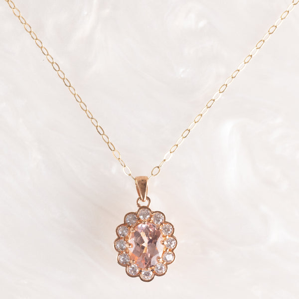 Collana vintage con catenina in oro giallo 9K e con ciondolo a margherita in oro rosa 9K con morganite (1ct ca.) e cubic zirconia bianchi