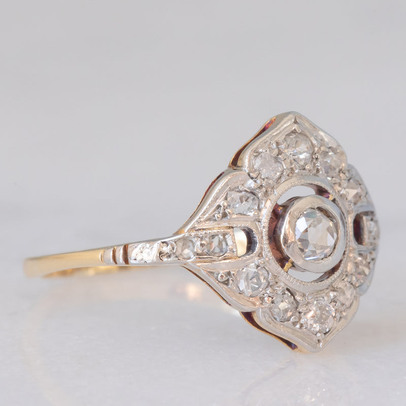 Anello Art Déco in oro giallo e bianco 14K con diamanti di taglio vecchia miniera e di taglio rosetta (0.30ctw ca.), anni ‘30