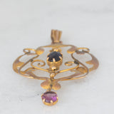 Pendente antico lavalier in oro giallo 9K con ametiste, anni ‘10/‘20