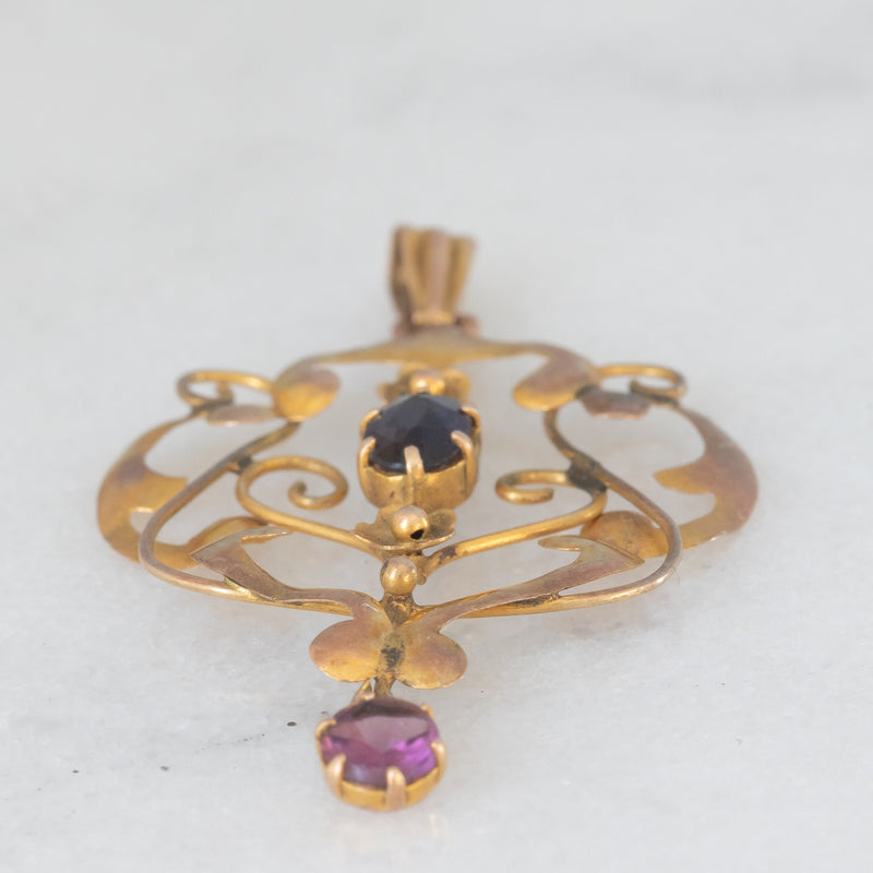 Pendente antico lavalier in oro giallo 9K con ametiste, anni ‘10/‘20