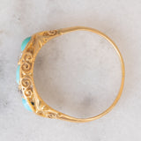 Anello antico edoardiano in oro giallo 18K con turchesi e diamanti di taglio vecchia miniera(0.12ctw ca.), anno 1907