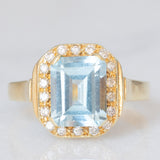 Anello vintage in oro giallo 14K con topazio azzurro (2.80ct ca.) e diamanti di taglio brillante (0.16ctw ca.), anni ‘80/‘90