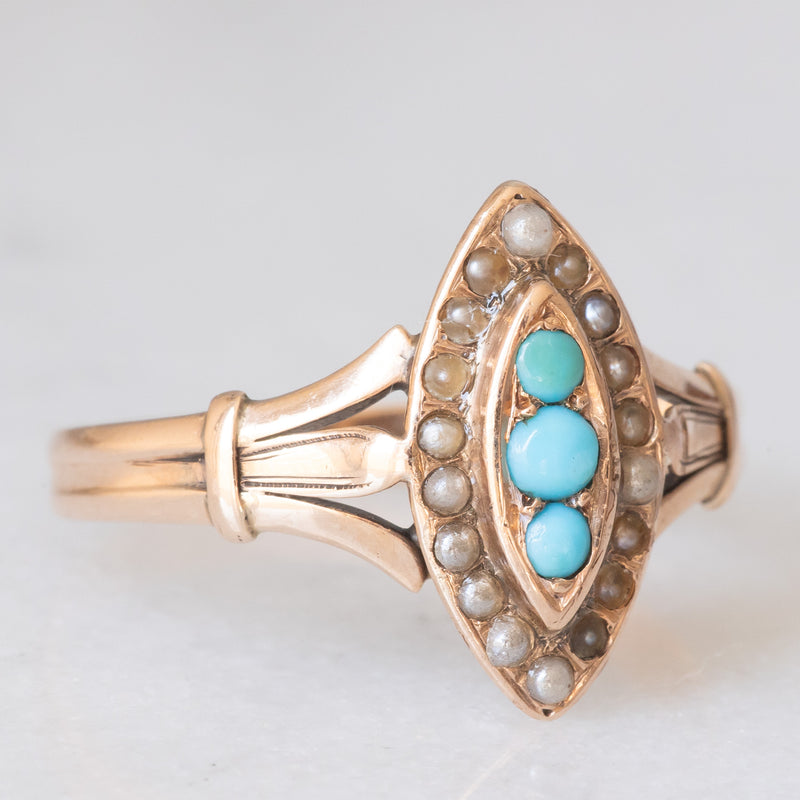 Anello a navette antico in oro giallo 14K con turchesi e perline, primi del ‘900