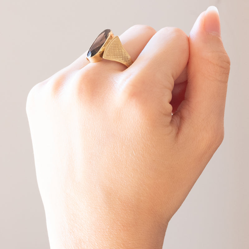 Anello da cocktail vintage in oro giallo 14K con quarzo Fumé, anni '70