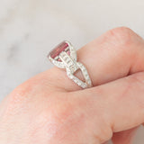 Anello da cocktail vintage in platino con tormalina rosa (3.25ct) e diamanti (0.77ctw), anni ‘70/‘80