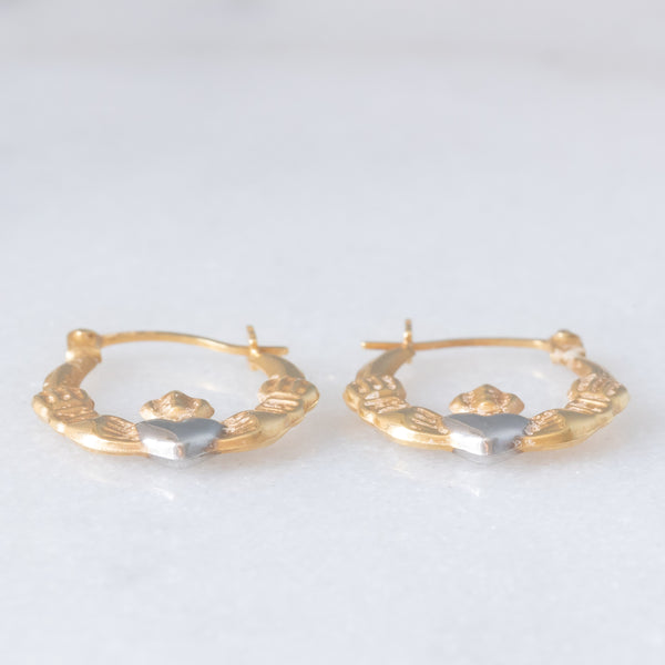 Orecchini Claddagh vintage in oro giallo e bianco 9K