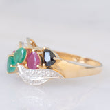 Anello vintage in oro giallo 14K con rubini, smeraldi, zaffiri e diamanti, anni ‘60/‘70