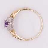 Anello a margherita vintage in oro giallo 9K con ametista (0.40ct ca.) e diamanti (0.16ctw ca.), anni ‘80/‘90