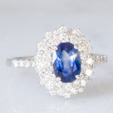 Anello a margherita vintage in platino con zaffiro (1.20ct) e diamanti (0.80ctw), anni ‘90