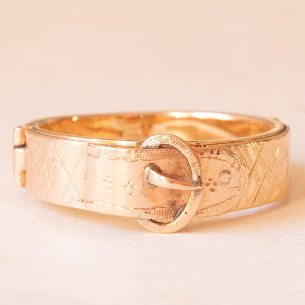 Raro anello a forma di cintura antico in oro giallo 14K e con doppio scompartimento segreto, fine ‘800/primi del ‘900