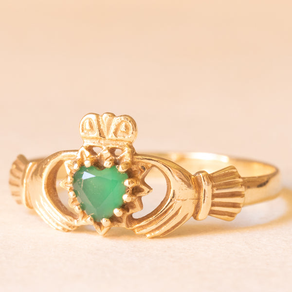 Anello Claddagh vintage in oro giallo 9K con crisoprasio, anno 1992