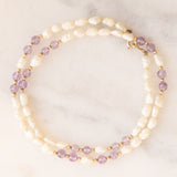 Parure vintage con collana e orecchini in oro giallo 9K con perle bianche e ametiste