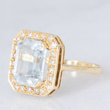Anello a margherita vintage in oro giallo 14K con acquamarina (3.30ct ca.) e diamanti (0.22ctw ca.), anni ‘70