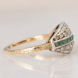 Vintage antique style ring in 14K yellow gold and silver with square cut emeralds (0.12ct approx.) and rose cut diamonds (0.26ctw approx.), 50s/60s