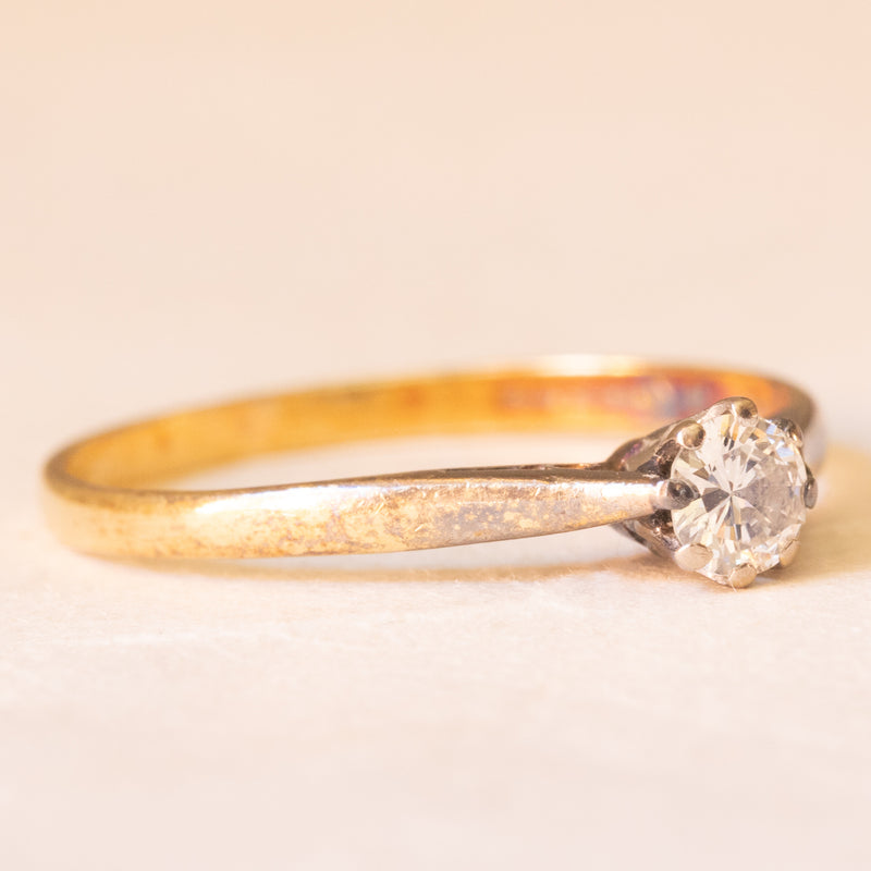 Solitario vintage in oro giallo 18K con diamante di taglio brillante (0.20ct ca.), anno 1982