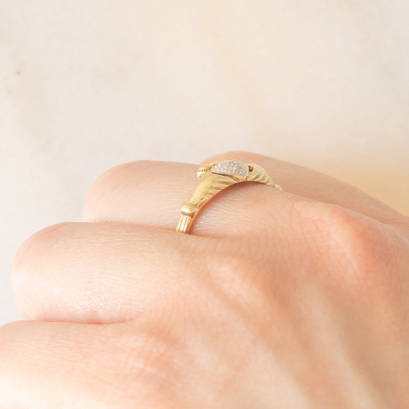Anello Claddagh vintage in oro giallo e bianco 9K con diamante
