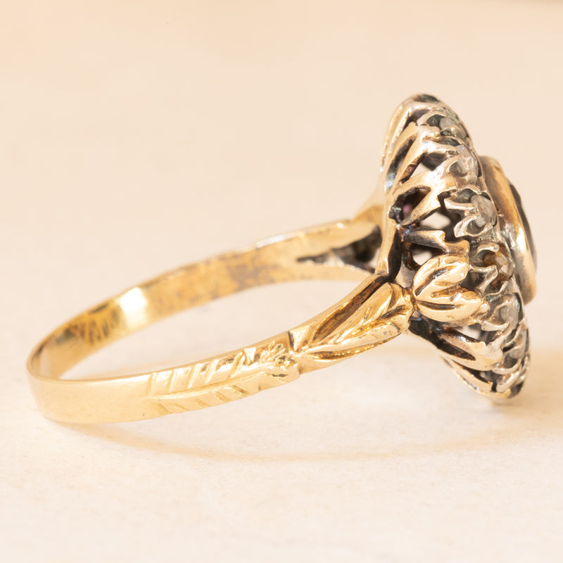 Anello a margherita vintage in stile antico in oro giallo 18K e argento con zaffiro (1.40ct ca.) e diamanti di taglio rosetta